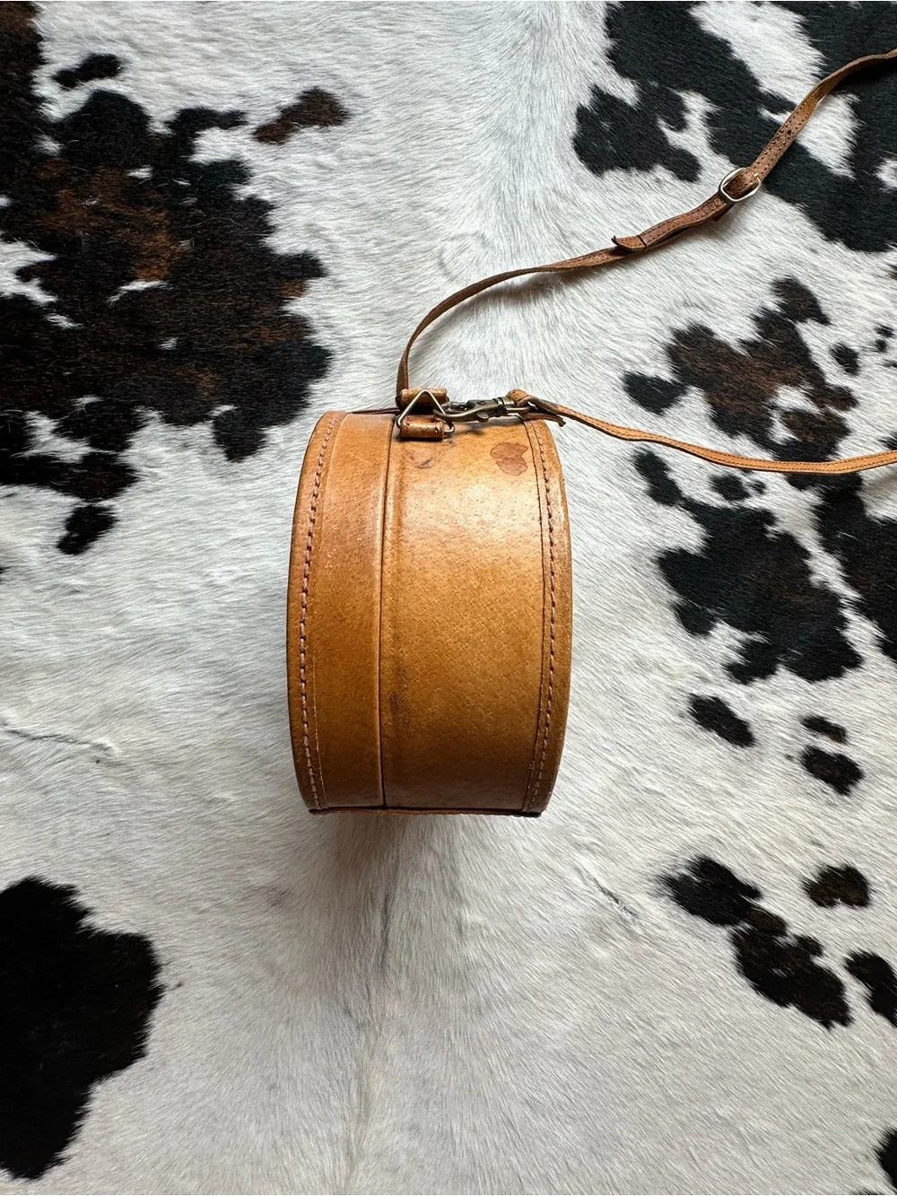 Vintage Leather Pillbox Crossbody Purse with Travel Stickers & Magnetic Closure